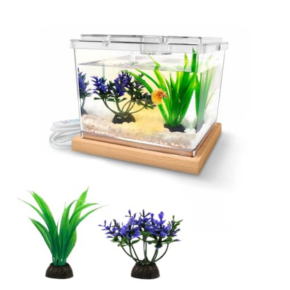 MoonOrange Mini Betta Fish Tank Kit with LED Light Base, 0.2 Gallon Temporary Holding Tank with Artificial Plants (Kit-2)