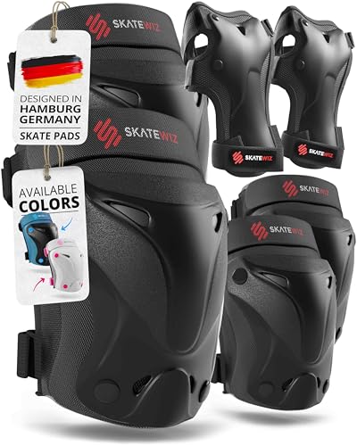 SKATEWIZ Knee and Elbow Pads Adult - Skating Protective Gear - PROTECT-1 - Size L Black - Wrist Guards Skating Pads, Skateboard, Roller Skate, Ice Skates For Women - color: Black, size: L - Teens and Adults