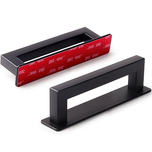 RVPEKUPE Adhesive Cabinet Handles, Matte Black, 4-3/4", 2-Pack | Stainless Steel Feel, Square Bar Grip with Base, Stick On Handle, No Drill Pulls for Drawer Closet Glass Sliding Shower Door - size: Overall Length 4-3/4"