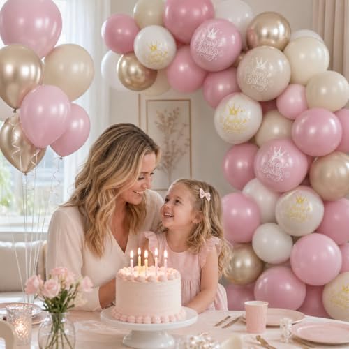 Dusty Pink Beige Gold Birthday Balloons for Women Girls, Double Stuffed Pearl Light Pink Dusty Rose Sand White Cream Printed Balloons with Metallic Light Gold Balloon for Boho Neutral Birthday Party - color: Dusty Pink White Birthday