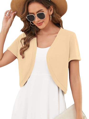 Short Sleeve Cropped Cardigan Sweater Open Front Bolero Shrug - color: C14-khaki Heather, size: XX-Large