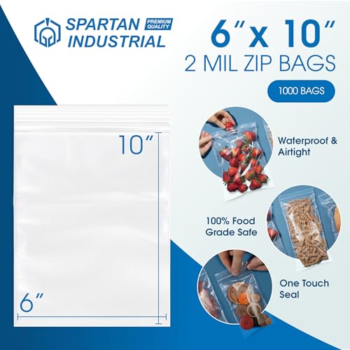 6” X 10” (1000 Count) 2 Mil Clear Reclosable Zip Plastic Poly Bags | with Resealable Lock Seal Zipper - Spartan Industrial - size: 6” X 10”