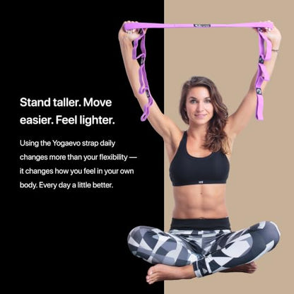 YogaEVO Stretching Strap with Loops for Physical Therapy — Yoga Strap & Resistance Band in One — Flexibility & Back Recovery — HD Video Routines Included - color: Purple