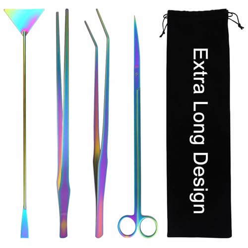 15Inch Extra Long Design Aquarium Aquascaping Tool Kit, Stainless Steel | 4-in-1 Anti-Rust Fish Tank Starter Kit with Long Tweezers Scissors Spatula for Aquarium Plants, Colorful - color: Colorful