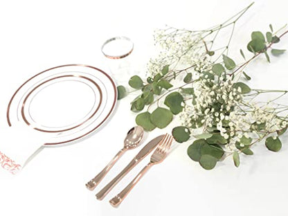 Rose Gold Plastic Dinnerware set 175 Pieces- 50 Rose Gold Rim Plastic Plates - 25 Rose Gold Plastic Silverware - 25 Rose Gold plastic Cups - 25 Fancy Napkins - Party of 25