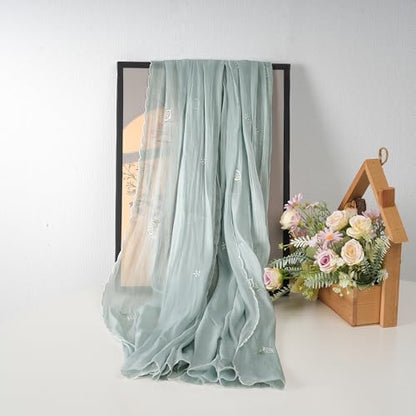 Shinny Threat Hijab Flower Embroidery Shawl Scarf Summer Cool Headwrap | Shinny Threat, Flower Embroidery - color: Light Green