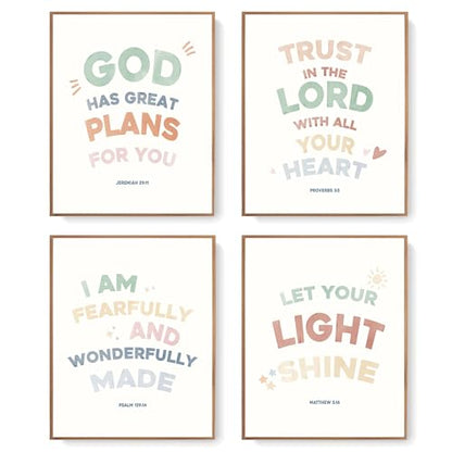 LARTSFRO Bible Christian Boho Wall Art Decor Posters Prints, Inspirational Bible Verses Room Bedroom Bathroom Playroom Dorm Wall Art Decor Aesthetic for Nursery Baby Kids Teen Girls Gifts, Christian Classroom Wall Decor, 10x8 Inch Set of 4 Pcs Pictures (U