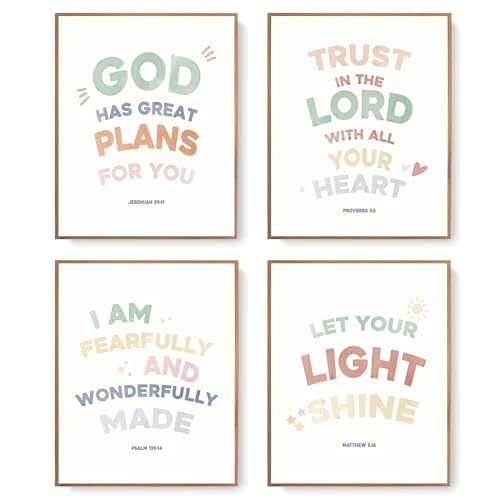 LARTSFRO Bible Christian Boho Wall Art Decor Posters Prints, Inspirational Bible Verses Room Bedroom Bathroom Playroom Dorm Wall Art Decor Aesthetic for Nursery Baby Kids Teen Girls Gifts, Christian Classroom Wall Decor, 10x8 Inch Set of 4 Pcs Pictures (U