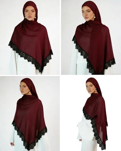 JUMISEE Elegant Floral Lace Hijab Scarf for Women Soft Cotton Head Wrap Instant Hijab Long Scarves Evening Dress Shawl - color: Burgundy With Black Lace Trim