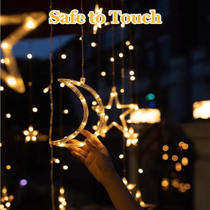 Star Moon Curtain Lights 11.5ft Remote Control LED Fairy Light Strings, 8 Flashing Modes Waterproof Decorative Lights for Garden, Christmas, Wedding, Party, Bedroom Decorations(Warm White)