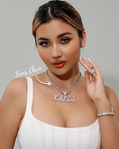 Lulu Mel Iced Out Personalized Cursive Name Necklace For Trendy Women, Custom Handmade Nameplate Pendant With Cuban Link Chain, White Gold Plated Hip Hop CZ Diamond Jewelry Gifts - color: Silver/Heart Hook