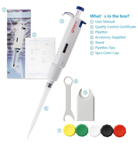 FOUR E'S SCIENTIFIC 1-5mL Pipette, Single-Channel Adjustable Pipettor | Manual Micropipette, Clear Volume Display, Lightweight Ergonomic Design - size: 08 (1-5ml)