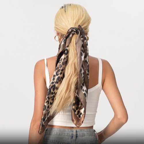 레오파드 프린트 헤드 스카프, 실크 새틴 스카프, 야간 헤어 랩핑 반다나 스퀘어 스카프 88.9cm(35인치) - color: 브라운.