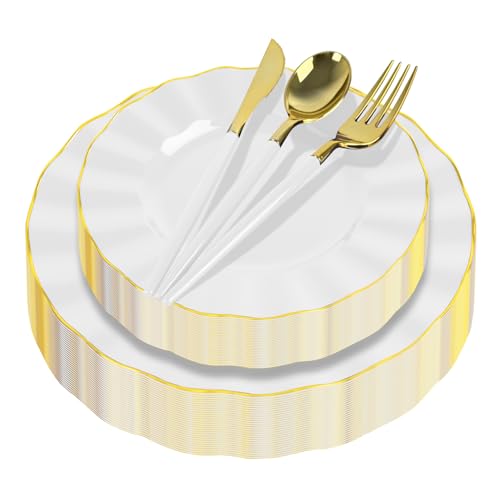150Pcs Plastic Plates with Gold Rim,Heavy Duty White Plates for 30 Guests,Plastic Dinnerware Set Include 30 Dinner Plate,30 Dessert Plate,90 Gold Cutlery Set for Party (White) - color: White