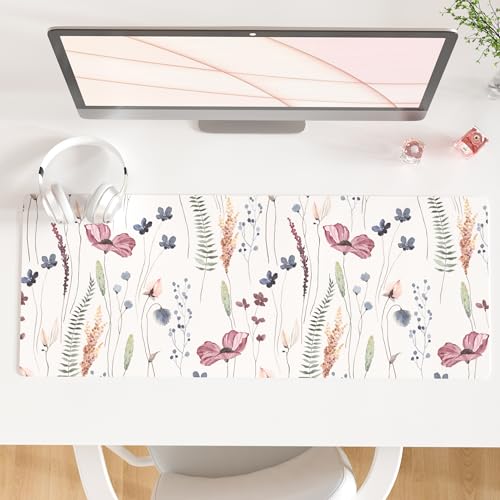 QiyI PU Leather Large Mouse Pad, Office Decor, 31.5" x 11.8", Wildflowers | Desk Décor Accessories, Extended Size, Waterproof & Easy to Clean, Smooth Surface, Non Slip Desk Organization - color: Watercolor Wildflowers, size: 31.5" x 11.8"