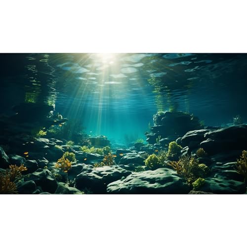 Aquarium Background Underwater Aquatic Plants Rocks Fish Terrarium Backdrop Sunlight Rays Coral Fish Tank Background Cave Style Landscape Sea Grass Tank Wallpaper Poster Vinyl 24x12in - color: Rock Dark Blue, size: 24(W)x12(H)inches/ 60(W)*30cm(H)