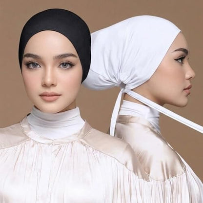 Yeieeo 3PC Muslim Hijab Undercap for Women, Stretch Tie-Back Inner Headscarf Bonnet, Soft Modal Headwear for Daily - color: Black+white+navy
