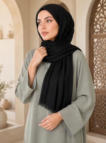 Cotton Linen Plain Hijab Scarf For Women,Muslim Viscose Crinkle Edge With Fringe,Summer Beach Wrap Headwraps Shawl - color: 1#black