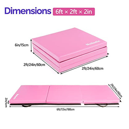 Matladin 6' Folding Tri-fold Gymnastics Gym Exercise Aerobics Mat, 6ft x 2ft x 2in PU Leather Tumbling Mats with Hook & Loop Fastener for Stretching Yoga Cheerleading Martial Arts - color: Pink-2 Pack