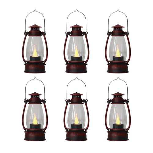 Red Painted Mini Lanterns 6-Pack - LED Flickering Candle Lanterns for Christmas & New Year, Valentine's, Wedding, Halloween & Western Party Decor, Table Centerpieces & Cowgirl Party Supplies - color: Brushed Red