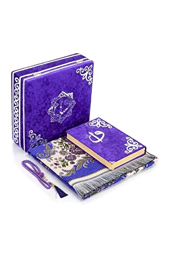 ihvan online Luxury Islamic Prayer Velvet Covered Gift Box, Deluxe 4 Piece Set with Elegant Velvet Covered Quran & Prayer Beads Tesbih & Prayer Rug, Ramadan & Eid Gift, Purple - color: Purple