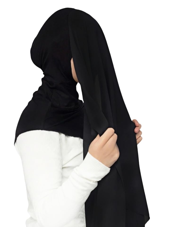 Lina & Lily Flowy Chiffon Instant Hijab Scarf Attached Jersey Ninja Undercap Full Coverage for Muslim Women - color: Black