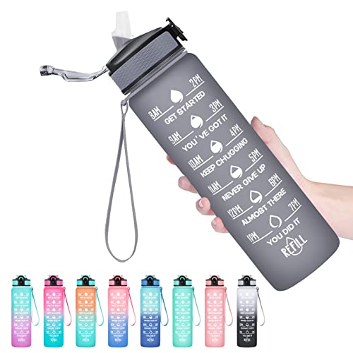 Hyeta Water Bottle with Straw & Time Marker, Plastic 32oz Leakproof | Motivational Tritan BPA Free Gym Office Outdoor Intake Tracker Hourly Reminder Straw Lid Carry Strap - color: Grey Matte