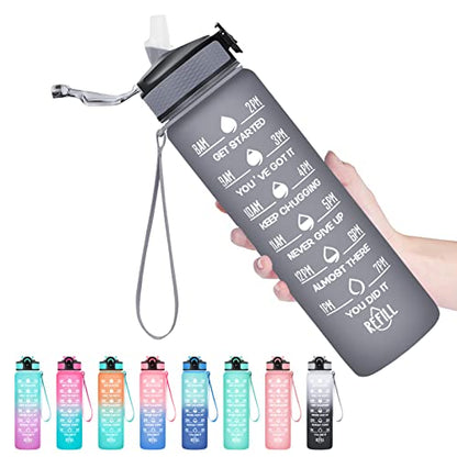 Hyeta Water Bottle with Straw & Time Marker, Plastic 32oz Leakproof | Motivational Tritan BPA Free Gym Office Outdoor Intake Tracker Hourly Reminder Straw Lid Carry Strap - color: Grey Matte