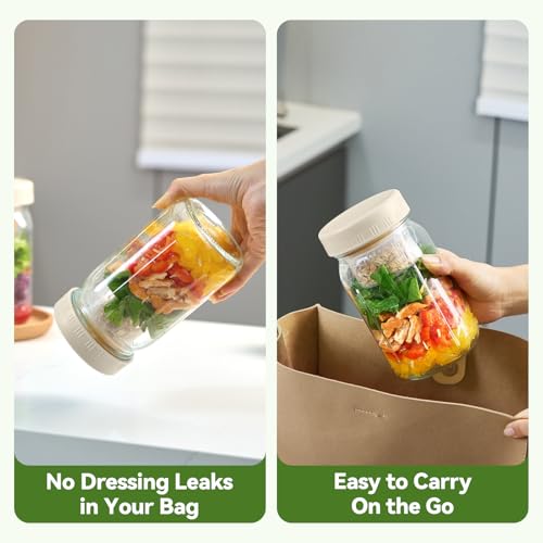 4 Pack Glass Salad Pod Mason Jar with Dressing Cup, 32 oz Salad Container to Go with Lids Meal Food Prep for Adults Lunch, Large Travel Mason Jar Bowl with 2 Insert Dressing & Topping Holder - color: 4 White Salad Jars (Not Side Open Design)