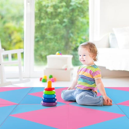 Goplus Gymnastics Mat, Folding Tumbling Mat with Carry Handles, Hook & Loop Fasteners, 4 Panels for Fitness Exercise Yoga Stretching Aerobics Workouts, Thick Gym Mats for Home - color: Blue&Pink