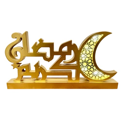 Ramadan Mubarak Sign Tabletop Wooden Letter Ramadan Kareem Sign with Hilal/Moon 14" Table Top Décor with LED Lights Ramadan Table Top Ornaments with LED Lights and White Moon Sign (Ramadan Kareem Hilal) - color: Ramadan Kareem Hilal
