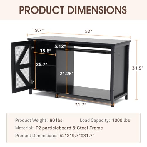 55-75 Gallon Aquarium Stand, Fish Tank Cabinet | Turtle Tank Stand, Power Outlets, LED Light, Adjustable Shelf, 52" x 19.7" Desktop, Heavy Duty Metal, 1100LBS Capacity, Black - color: Black