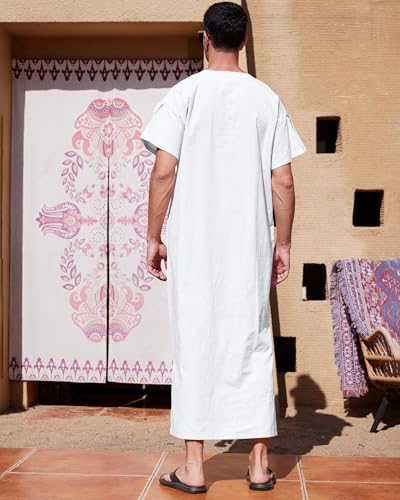 YAOHUOLE Men's Short Sleeve Kaftan Thobe Side Split Caftan with Pockets Long Gown Thobe - color: White, size: 3X-Large