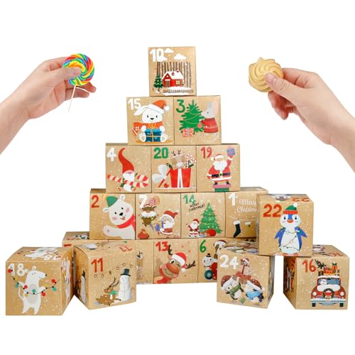 ONESING 24 Pcs DIY Christmas Advent Calendar Boxes for 2024, 24 Days Countdown Calendar Gift for Adults and Kids Christmas Cardboard Number Boxes Make & Fill Your Own Advent Calendar Boxes, Lovely Xmas Kraft Papper Box - color: Style-E