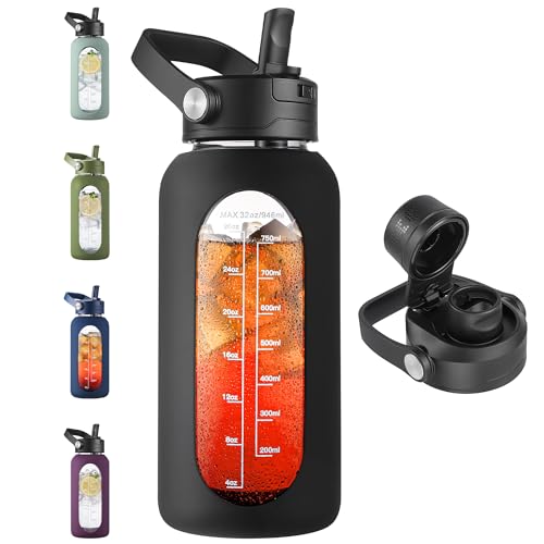 CIVAGO 32 oz Glass Water Bottle with Detachable Straw and Time Maker | Motivational Large Flask Cup with Handle, Leakproof Lids, Wide Mouth, Silicone Sleeve, Tumbler for Juice, Black - color: Black, size: 32 Ounces