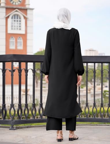 IDOPIP Abaya 여성용 드레스 무슬림 세트 긴소매 시폰 이슬람 드레스 셔츠 바지 포함 2피스 두바이 기도 캐주얼 의류 - color: 블랙., size: 5X-라지