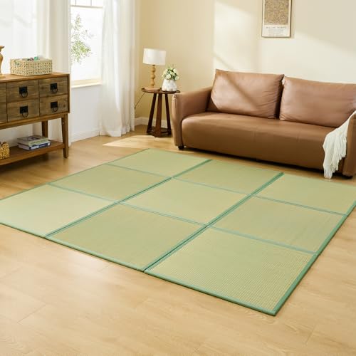 Japanese Rush Grass Tatami Mat Rug, 31.5"x31.5"x0.5",9pc,Fold DIY | Japanese Portable Firm Traditional Foldable with Non-Slip Design, Floor Padding for Crawling and Yoga, Relaxing, Meditation