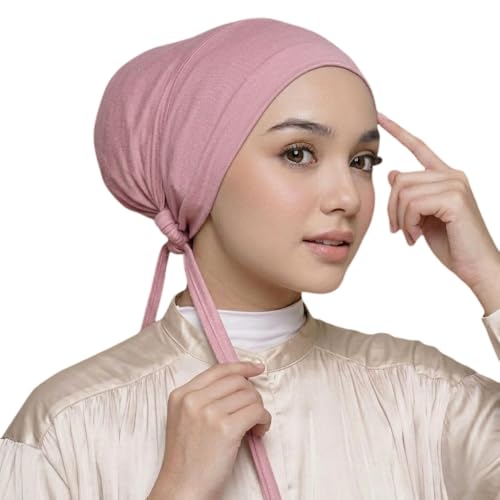 Yeieeo Women's Satin-Lined Tie Closure Hijab Undercap Non Slip,Premium Jersey Muslim Daily Wear Inner Headscarf Cap - color: Nude Pink