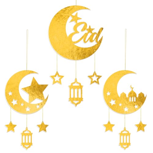 3 Pcs Ramadan Hanging Decorations Eid Mubarak Wall Decor Hollow Moon Star Lantern Shape for Islamic Muslim Home Decor Indoor Outdoor Hanging Ornament for Wall Window