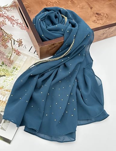 Hijab for Women Premium Chiffon Hijab Rhinestone Hijab Scraf for Women Muslim - color: Light Navy Blue