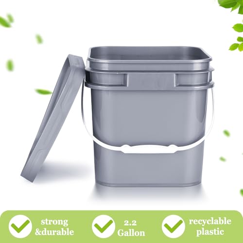 Suzile 10 Pcs 2.2 Gallon Square Bucket with Lid Food Grade Plastic Bucket 10L Utility Industrial Pail with Handle Container for Food Oil Tub Water Fishing Paint House Cleaning Car Washing(Gray)