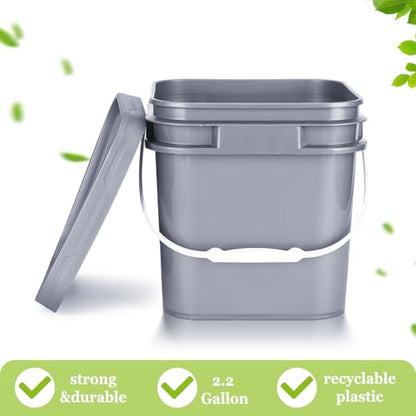 Suzile 10 Pcs 2.2 Gallon Square Bucket with Lid Food Grade Plastic Bucket 10L Utility Industrial Pail with Handle Container for Food Oil Tub Water Fishing Paint House Cleaning Car Washing(Gray)