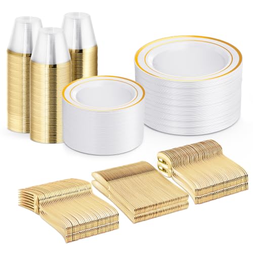 WELLIFE 450 PCS Gold Plastic Plates Set, Gold Dinnerware Set - color: Gold, size: 75 Guests