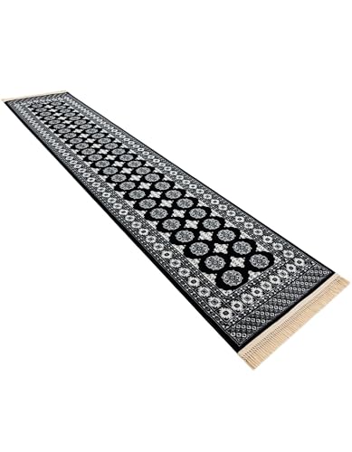 Rugs.com - Bokhara Rug – 12 Ft Runner Black and White Easy-Clean Runner Rug – Traditional Medallion Design for Hallways, Entryways, and Kitchens - color: Black and White, size: 2'7" x 12' (Runner)