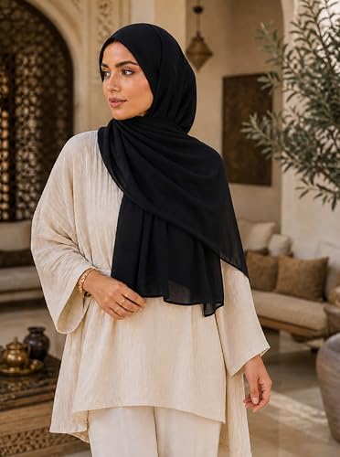Women’s Chiffon Hijab Scarf - Heavyweight Solid Color Shawl & Wrap, Soft Breathable Headwrap for All Seasons - color: Mcgjxfs2604-black