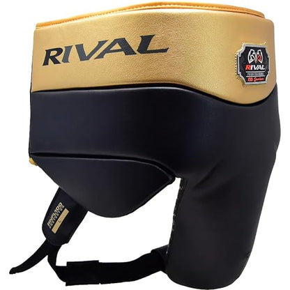 RIVAL Boxing RNFL100 Professional No-Foul Groin Protector with Laces, Dual Waist Straps, Ultra-Lightweight Construction, and Super-Rich Microfibre PU - color: Black/Gold, size: X-Large