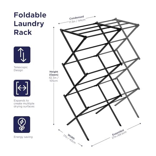 Black+Decker 3 Tier Expandable Collapsing Foldable Laundry Rack for Air Drying Clothing, Space Saving Heavy Duty Lightweight Metal Drying Rack, Black - color: Black