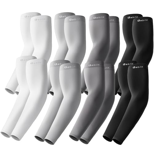 Bebila Arm Sleeves for Men Women, UV Sun Protection Cooling Compression Outdoor - color: 2 Black+2 White+2 Dark Grey+2 Light Grey, size: Medium