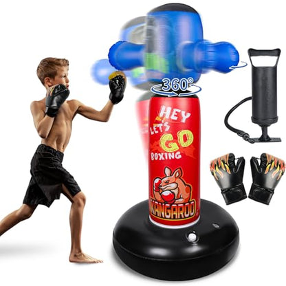 Punching Bag for Kids with 360° Rotating Head, Hyperzoo 63" Heavy-Duty Inflatable Boxing Bag with Glove, Freestanding Punching Bag Toy for Boys & Girls Ages 5–12 – Great