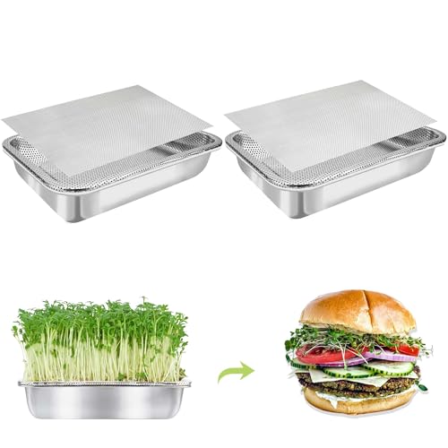 Microgreens Growing Kit 2-Tier 14 Inch Sprouting Trays | Stainless Steel Seed Sprouter with 0.3mm Encrypted Silicone Mesh, Beans Broccoli Alfalfa and Wheatgrass Sprouts Growing Kit - size: 14"L × 10.5"W Tray